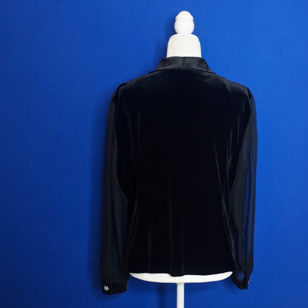 💜 DRESS BARN Black Velvet Sheer Sleeves Faux Diamond Button Jacket/Top (XL) - Picture 8 of 10